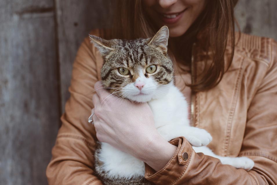 Picture of a woman in a leather jacket holding a cat