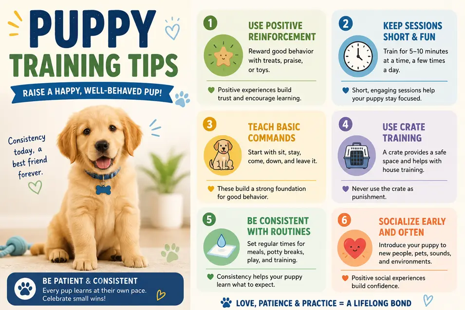 Colorful infographic featuring a happy puppy with six practical training tips, including positive reinforcement, crate training, consistency, and socialization.