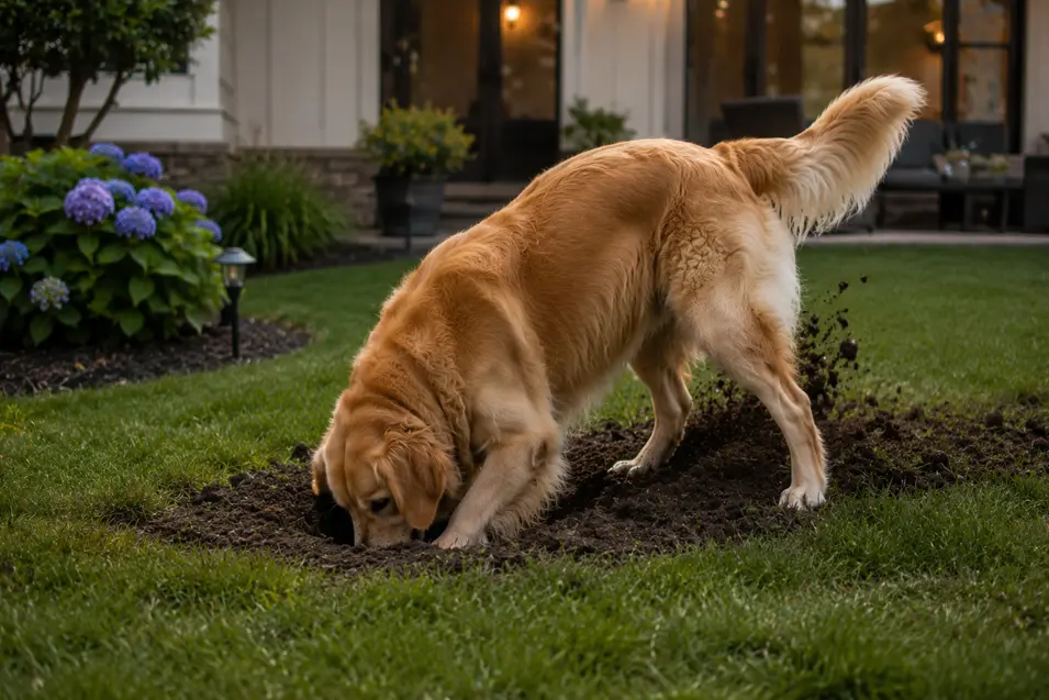 Golden retriever digging a hole in a manicured backyard lawn outside an elegant home with landscaped gardens.