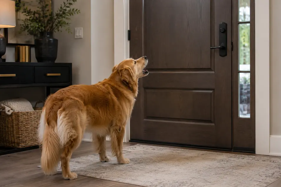 Golden retriever barking at a front door in an elegant entryway with modern décor and warm, inviting lighting.