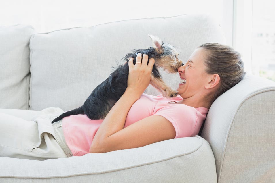 Picture of woman and her dog on a sofa