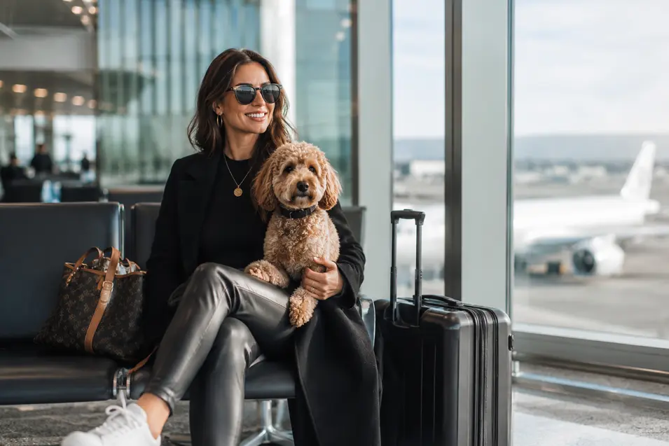 Stylish woman and her dog relax in a modern airport lounge beside luggage, with planes visible outside.