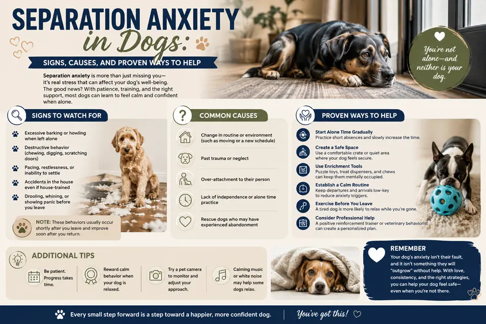 Infographic covering signs, causes, and proven ways to help dogs cope with separation anxiety and feel safer when left alone.