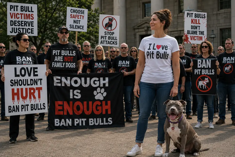 Pro-pit bull woman stands with calm pit bull amid anti-pit bull protest, surrounded by signs advocating breed restrictions.