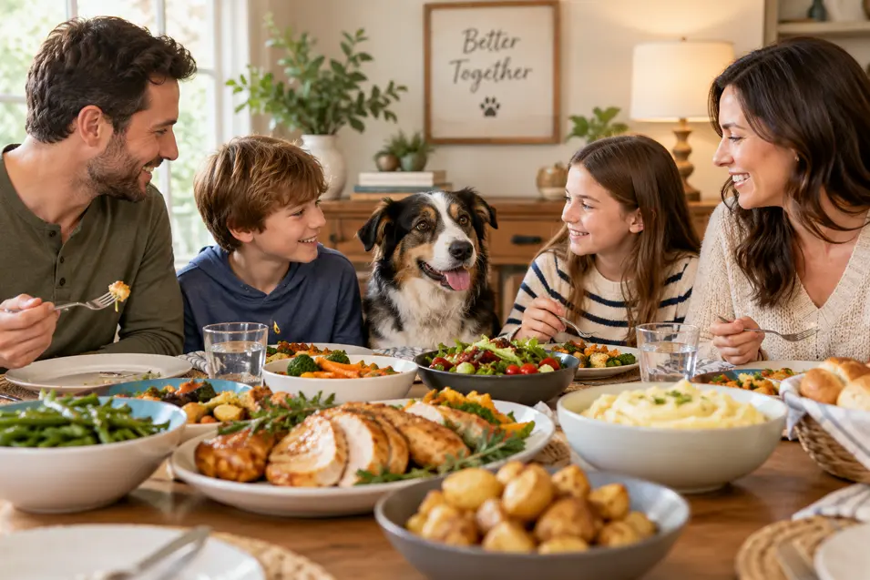 A happy family shares dinner around a table full of food while their dog sits eagerly among them, hoping for a taste.