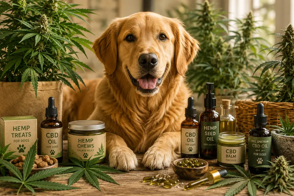Golden Retriever surrounded by cannabis plants, CBD oils, hemp treats, and supplements in a warm natural setting, illustrating cannabis-related products for dogs.
