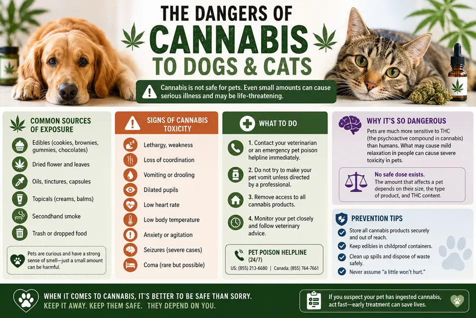 Infographic explaining cannabis poisoning in dogs and cats, including symptoms, common exposure sources, prevention tips, and what to do in an emergency.