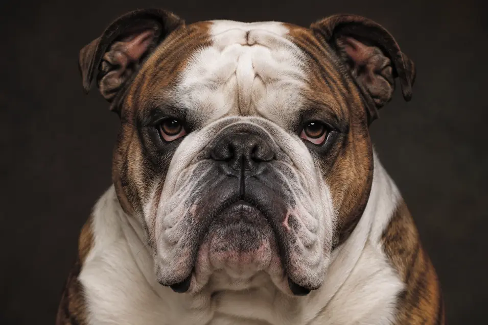 A stern brindle-and-white bulldog stares into the camera against a dark backdrop, captured in crisp, photorealistic detail.