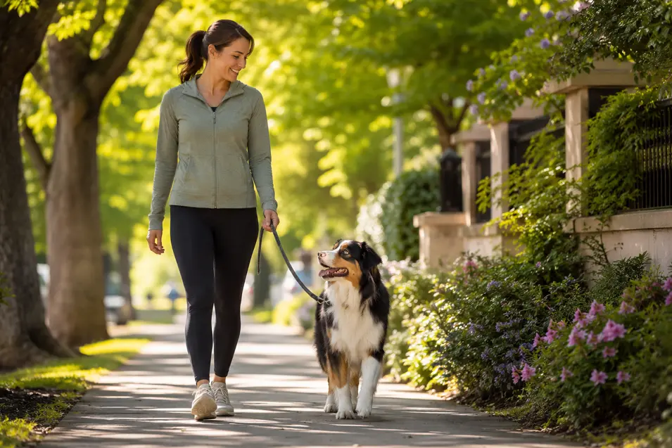 Woman enjoying a sunny neighborhood walk with her dog along a tree-lined sidewalk surrounded by lush greenery and flowers.