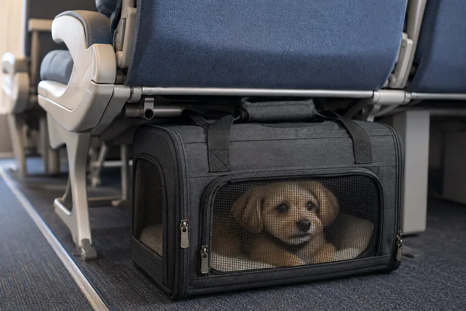 A small dog rests in a black mesh pet carrier tucked beneath a blue airline cabin seat.
