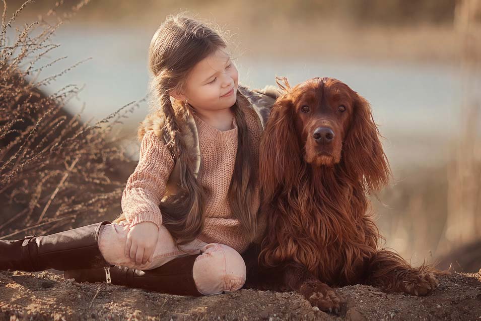 Picture of a girl and an Irish Setter
