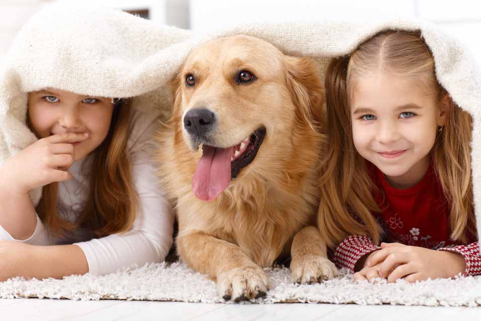 Picture of two girls with a Golden Retriever