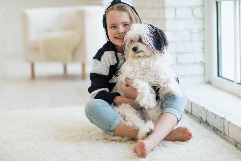 Picture of young girl holding a Havanese puppy