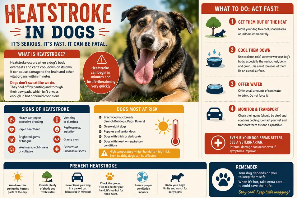 Heatstroke in dogs infographic explaining symptoms, emergency first aid, prevention tips, high-risk factors, and when to seek immediate veterinary care.