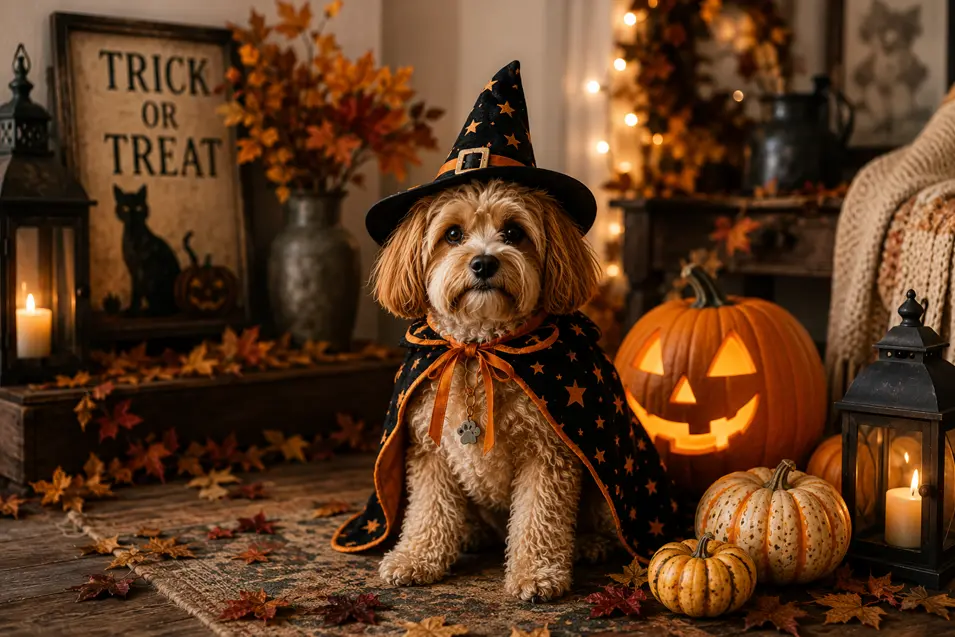 A fluffy dog dressed as a witch sits among glowing pumpkins, lanterns and autumn leaves in a warm, cozy Halloween setting.