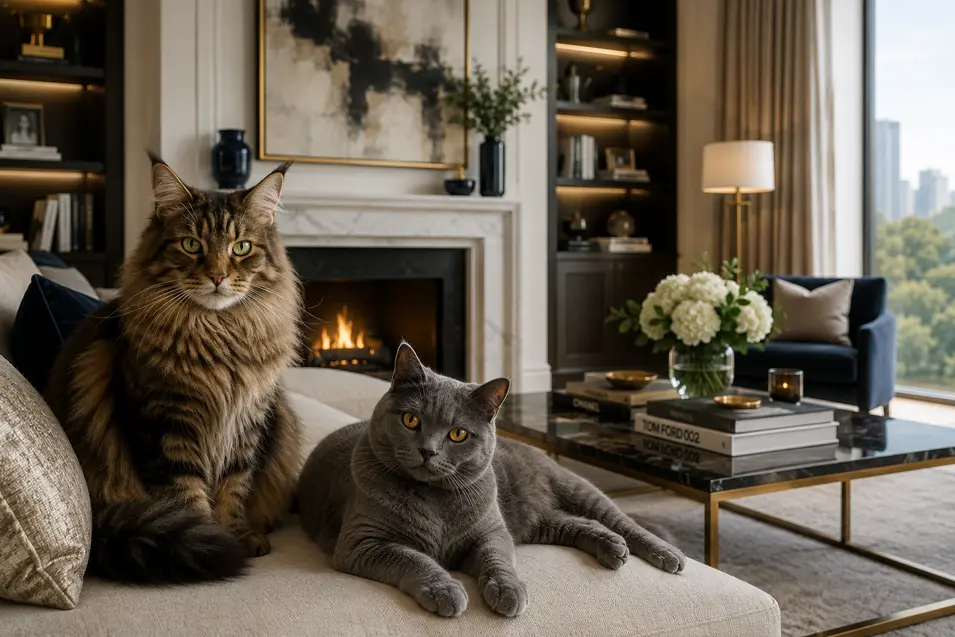 Two cats lounge on a cream-colored sofa in a luxurious modern living room. A long-haired brown tabby sits upright beside a gray short-haired cat, with a marble fireplace, built-in bookshelves, elegant furnishings, and large windows creating a warm, upscale atmosphere.