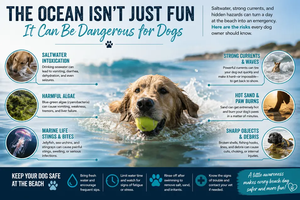 Ocean safety infographic highlighting the biggest risks dogs face while swimming at the beach, including saltwater, strong currents, marine life, and hot sand.