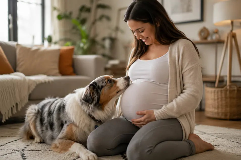 Pregnant woman smiles as her dog gently nuzzles her belly in a warm, modern living room.