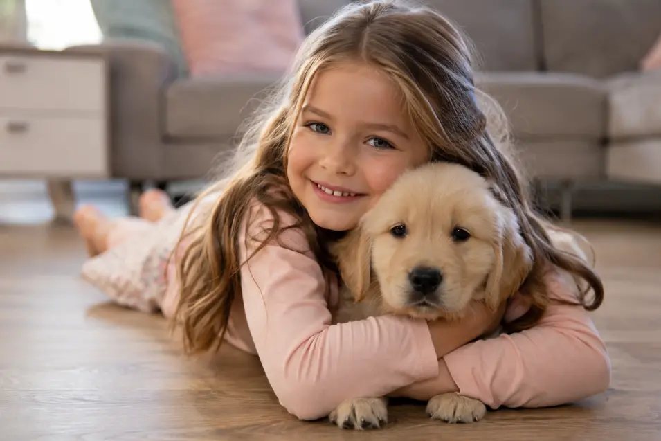A smiling young girl cuddles an adorable Golden Retriever puppy on the living room floor, capturing a heartwarming moment of love, comfort, and companionship.