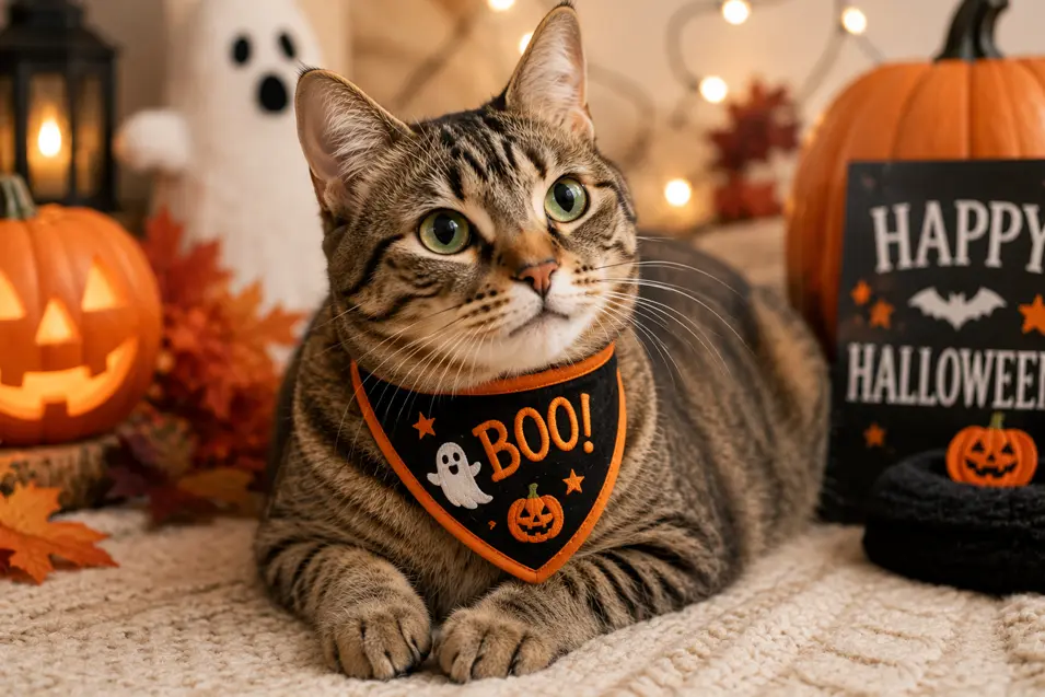A tabby cat wearing a festive "Boo!" Halloween bandana lounges beside glowing pumpkins, autumn leaves, and a friendly ghost in a cozy fall setting.