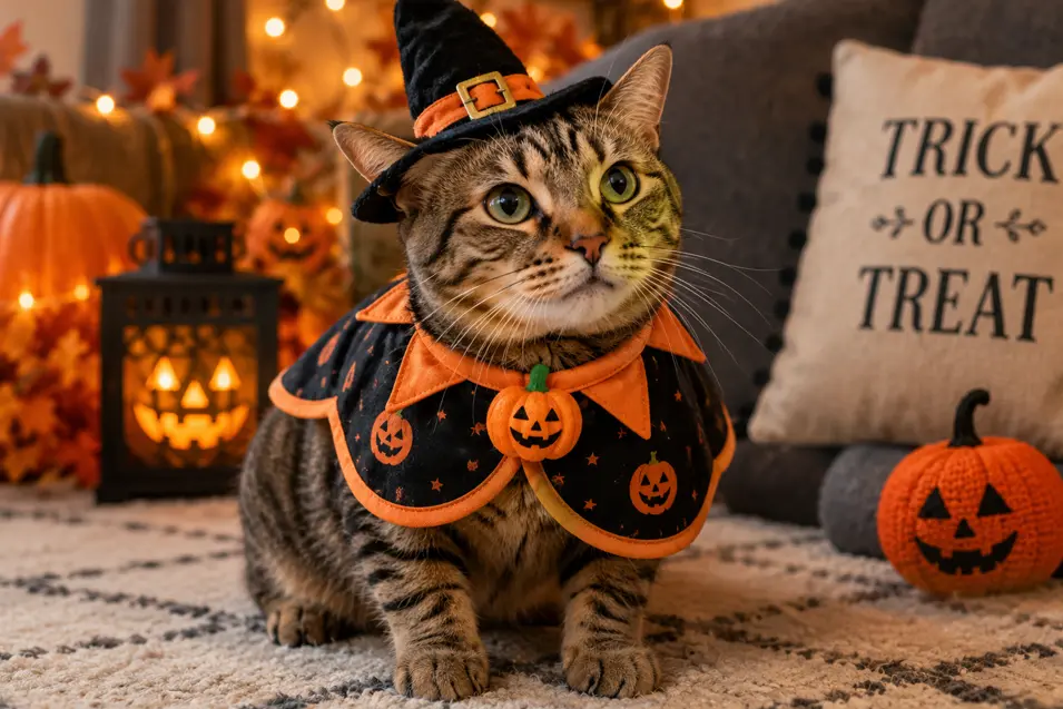 A tabby cat dressed as a Halloween witch sits among glowing pumpkins, autumn leaves, and cozy lights, creating a festive Trick-or-Treat scene.