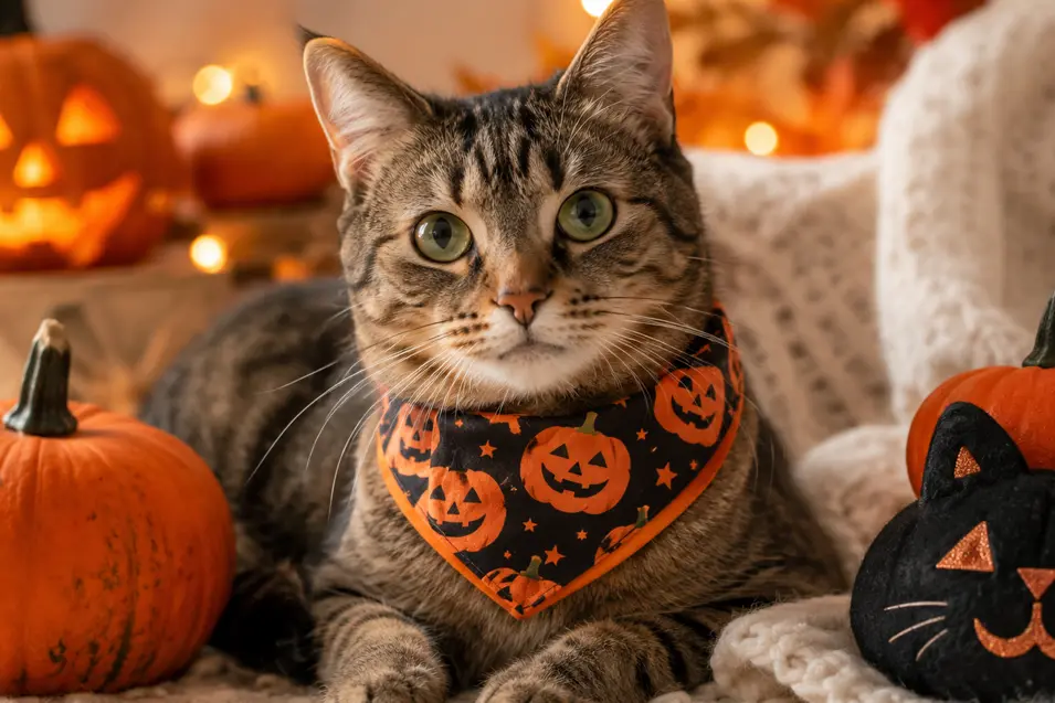 A tabby cat wearing a Halloween pumpkin bandana relaxes beside pumpkins and glowing jack-o'-lanterns, creating a warm, cozy autumn scene.