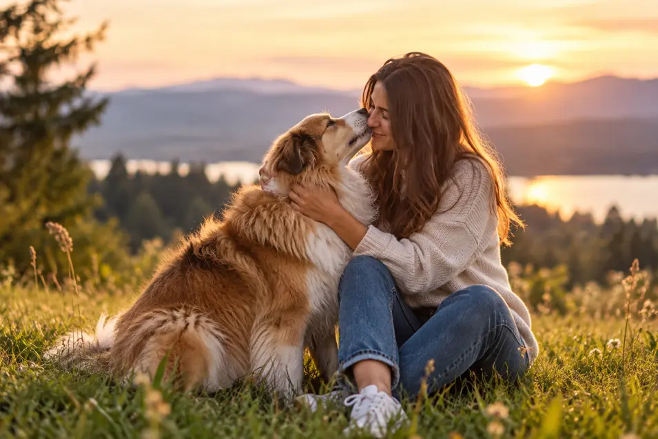 A woman cuddles her fluffy dog in a grassy meadow at sunset, sharing an affectionate moment against a warm mountain and lake backdrop.