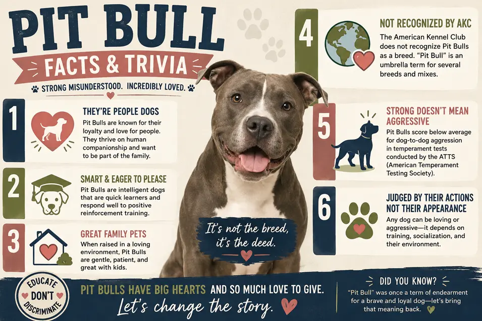 Pit Bull Facts & Trivia infographic highlighting six myths and truths about the breed, celebrating their loyalty, intelligence, and loving family nature.