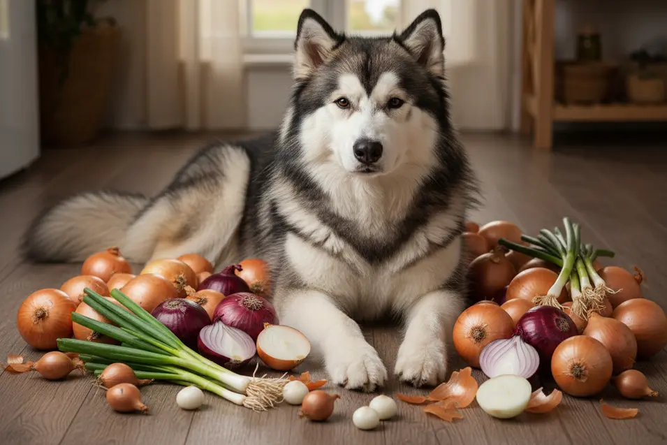 Siberian Husky lying indoors surrounded by whole and sliced onions and green onions on a wooden floor, looking directly at the camera.