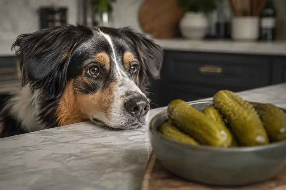 A mixed-breed dog gazes longingly at a bowl of pickles on a kitchen counter in a warm, photorealistic 85mm scene with a softly blurred modern background.