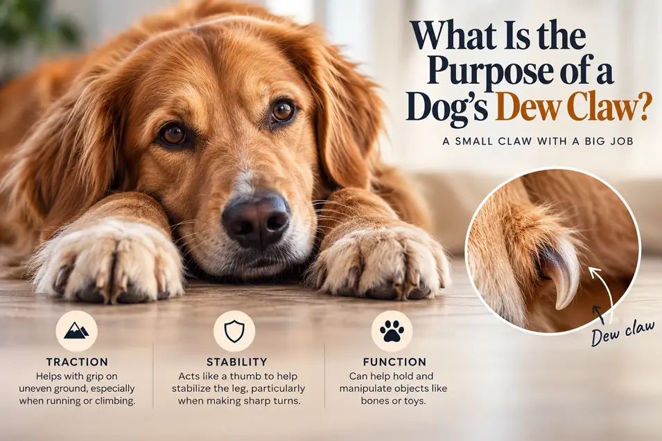 Golden Retriever resting beside an infographic explaining how dew claws provide traction, stability and help dogs grip objects.