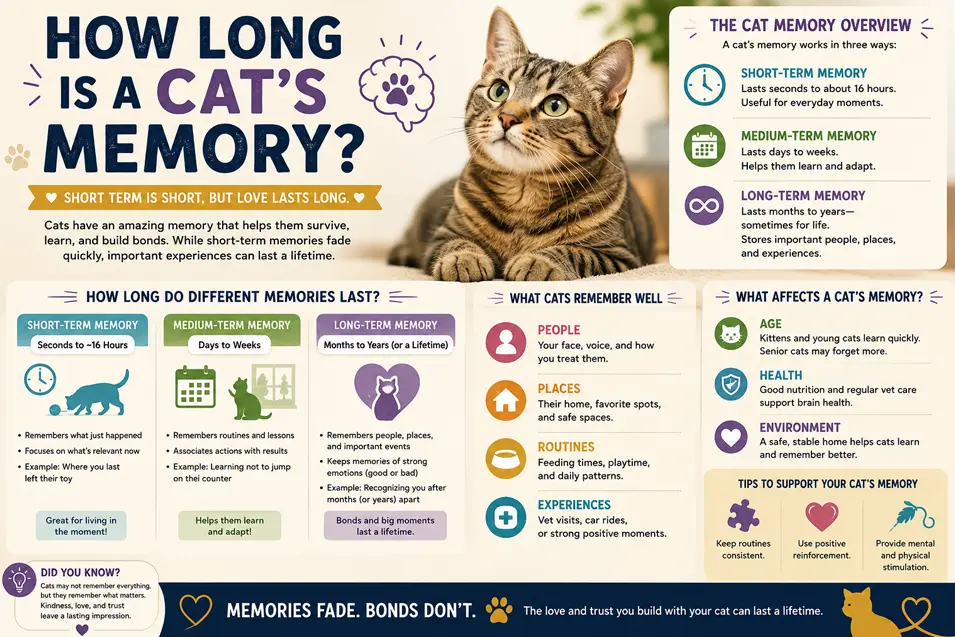 Infographic explaining how long a cat's memory lasts, covering short-, medium-, and long-term memory, what cats remember, and tips to support brain health.