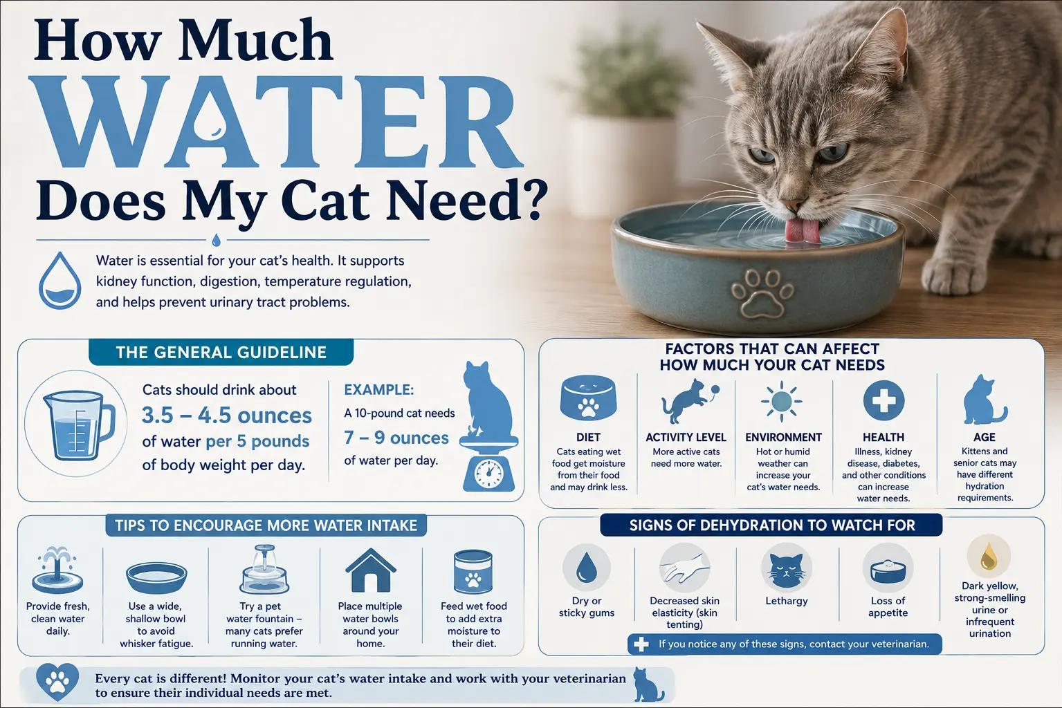 Infographic showing how much water cats need daily, factors affecting hydration, tips to encourage drinking, and common signs of dehydration.