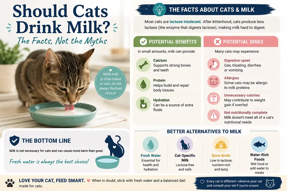 Infographic explaining whether cats should drink milk, covering lactose intolerance, risks, healthier alternatives, and why fresh water is the best choice.
