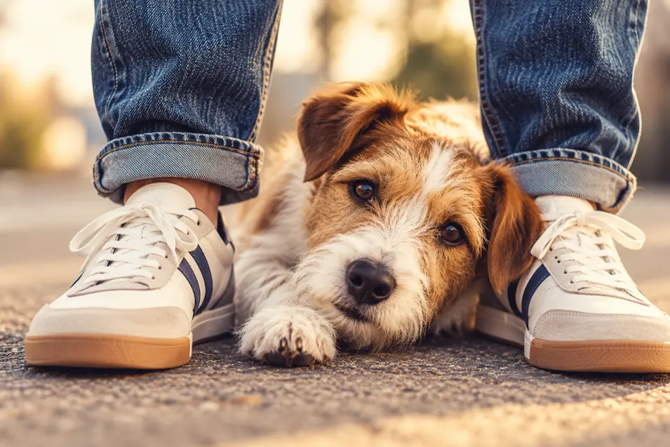 A scruffy brown-and-white dog rests between its owner’s sneaker-clad feet on a sunlit street.