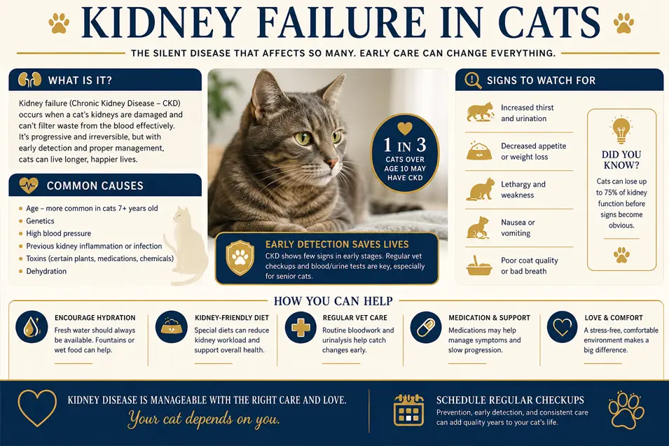 Cat kidney failure infographic covering causes, warning signs, early detection, hydration, diet, vet care, medication, and comfort.