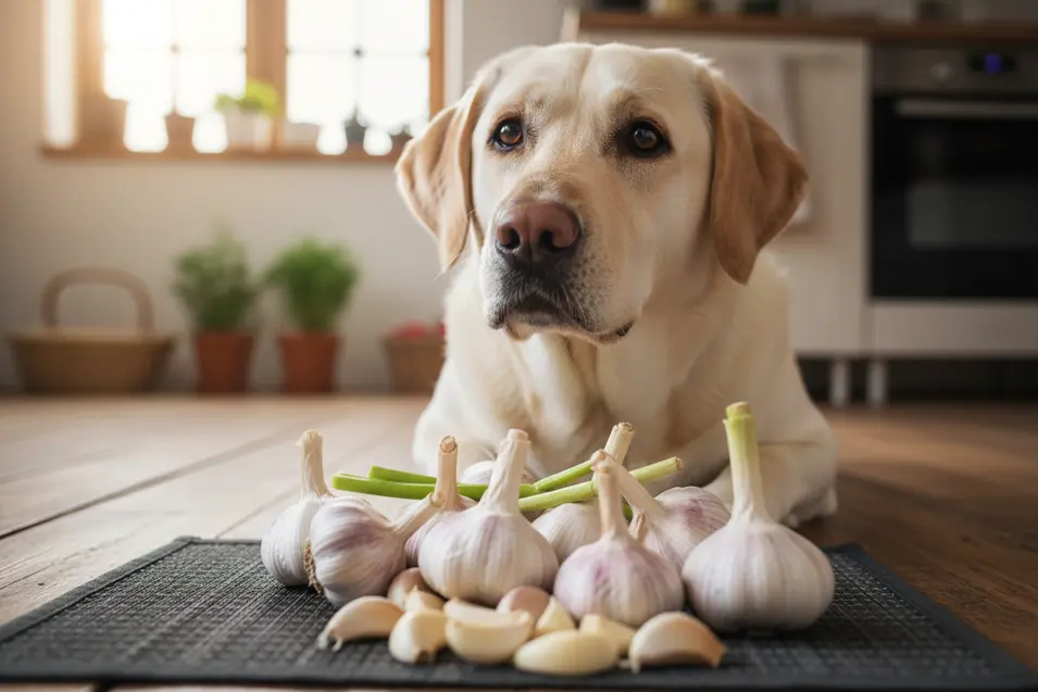 Yellow Labrador retriever lying behind fresh garlic bulbs and cloves on a kitchen floor, looking attentively toward the camera in a cozy home setting.