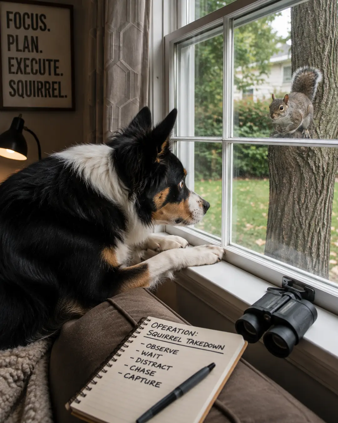 A determined dog watches a squirrel through the window beside binoculars and a handwritten “Operation: Squirrel Takedown” plan.