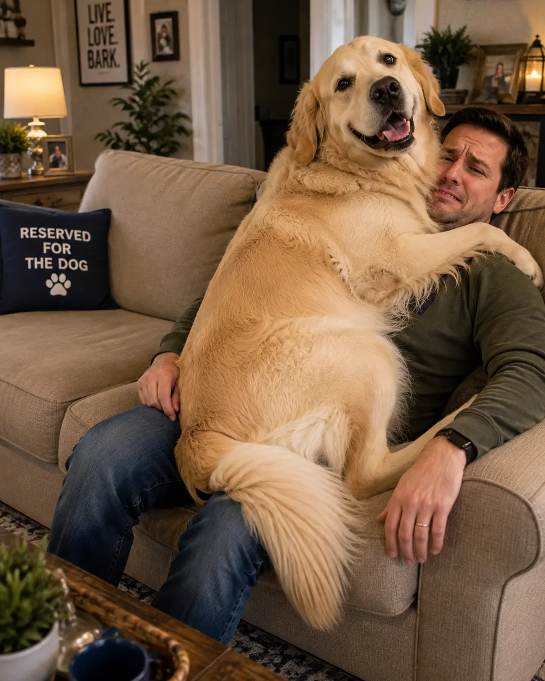 A cheerful Golden Retriever sits heavily on a man’s lap, happily claiming the best seat in the living room.
