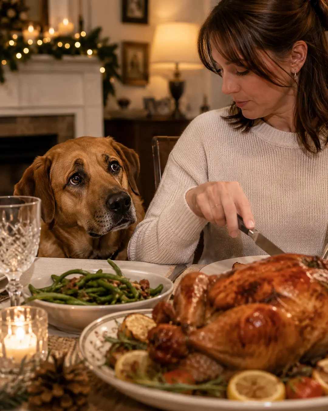 A hopeful dog watches a woman carve a roasted turkey at a warmly lit holiday dinner table.