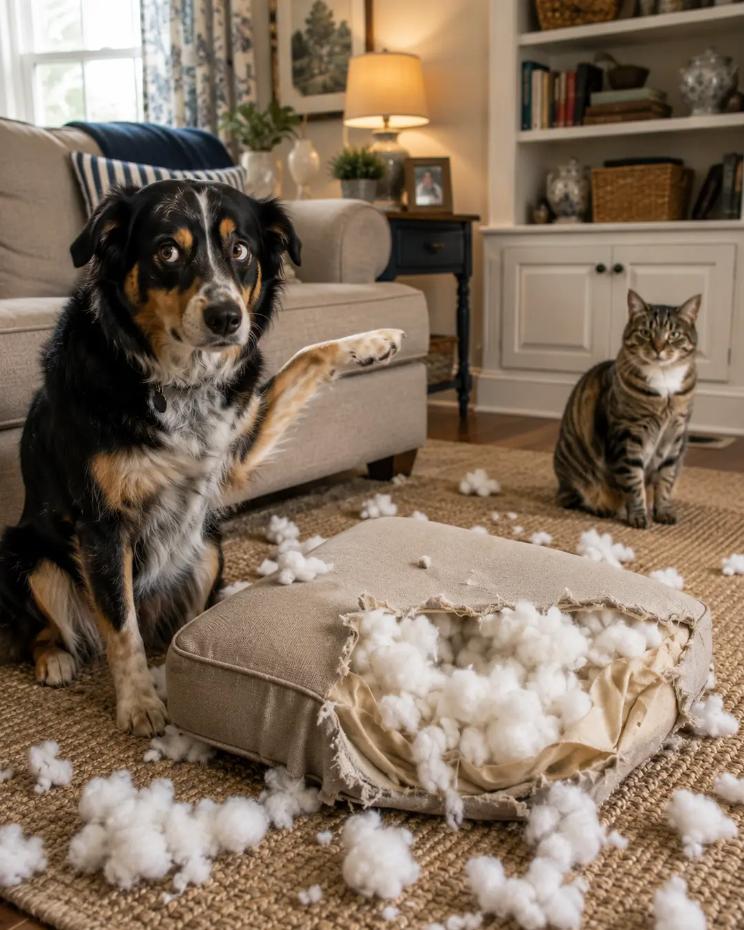A guilty-looking dog points toward a cat beside a shredded cushion, with stuffing scattered across the living room floor.