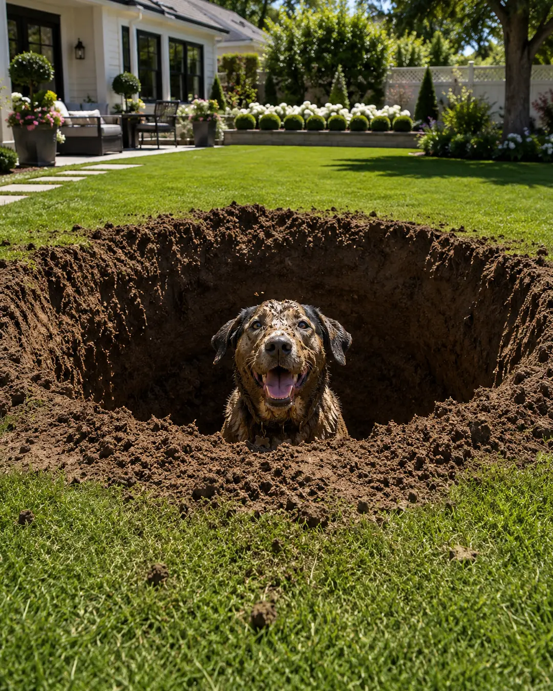 A muddy dog proudly sits in a huge hole it dug in a beautifully manicured backyard.