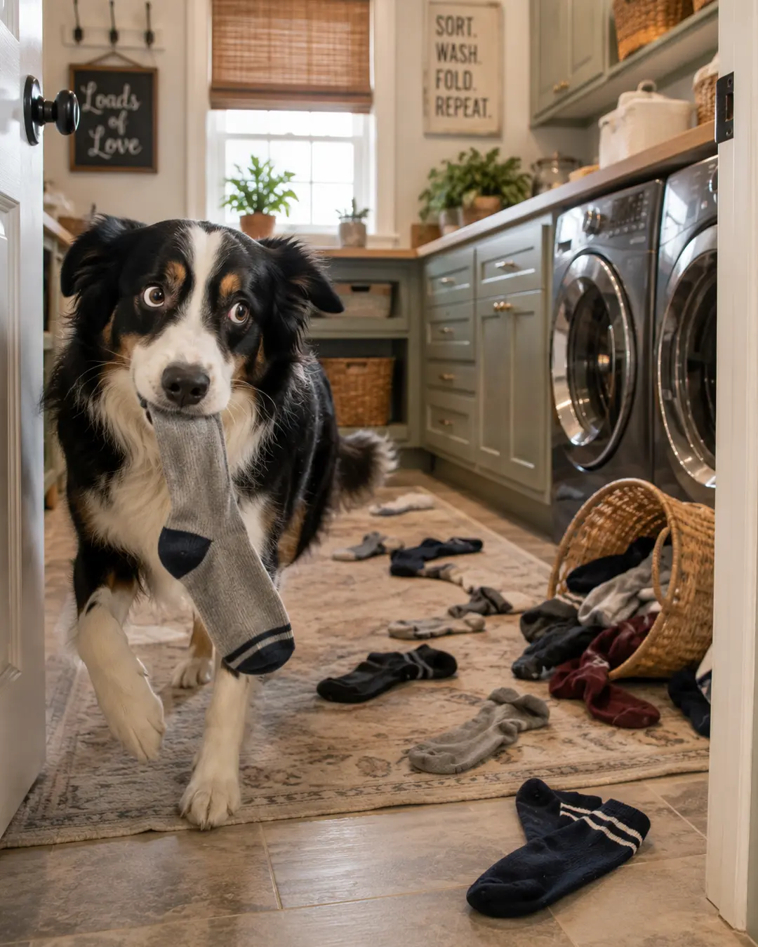 A mischievous dog carries off a sock in a laundry room, surrounded by scattered clothes and an overturned laundry basket.