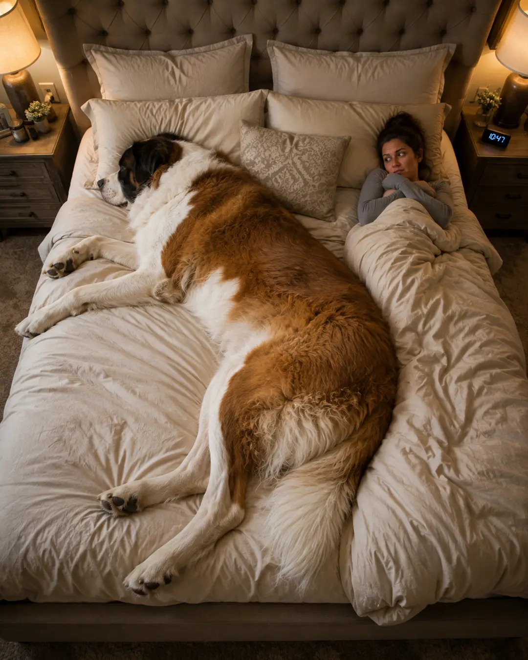 A giant dog sprawls across most of the bed while a woman lies squeezed into a tiny space beside him.