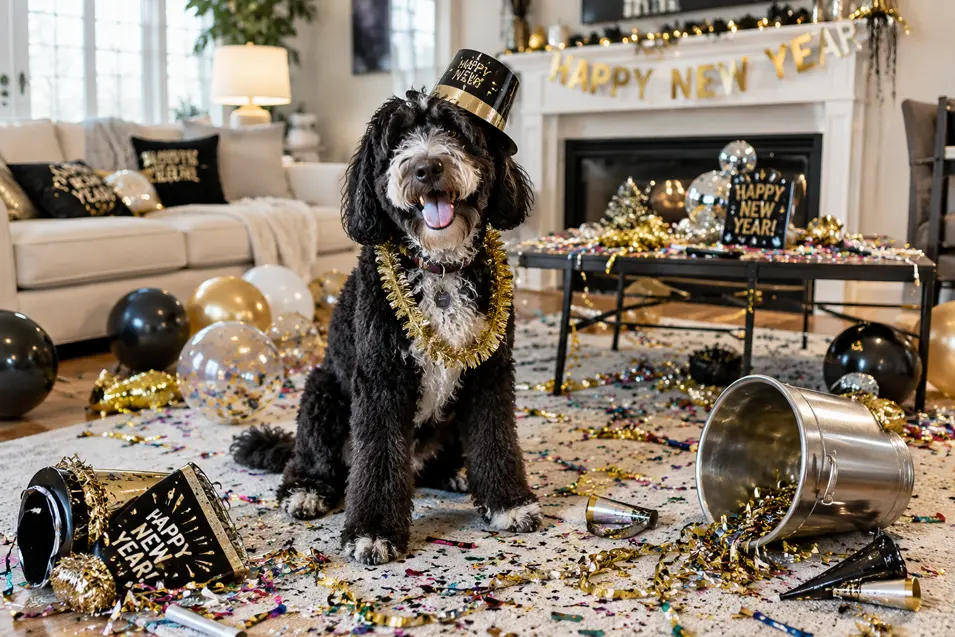A happy black-and-white dog celebrates New Year’s Eve amid gold decorations, balloons, party hats, and colorful confetti.