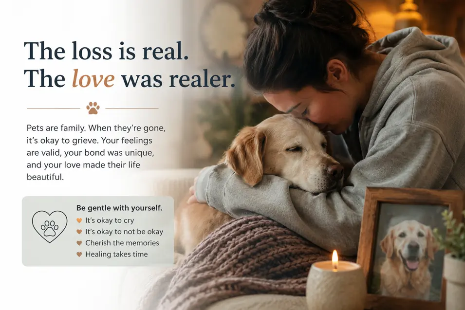 A comforting pet loss graphic featuring a woman embracing her dog with a heartfelt message about grief, healing, and remembering the love shared.