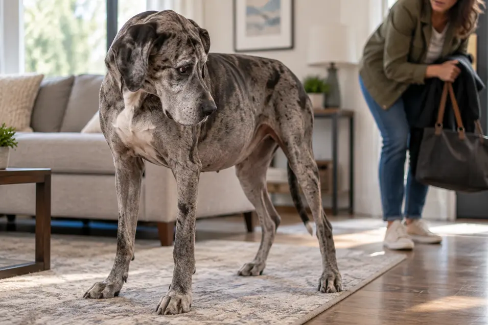 A worried Great Dane stands in a living room as its owner prepares to leave, illustrating the urgency and discomfort associated with bloat in dogs.