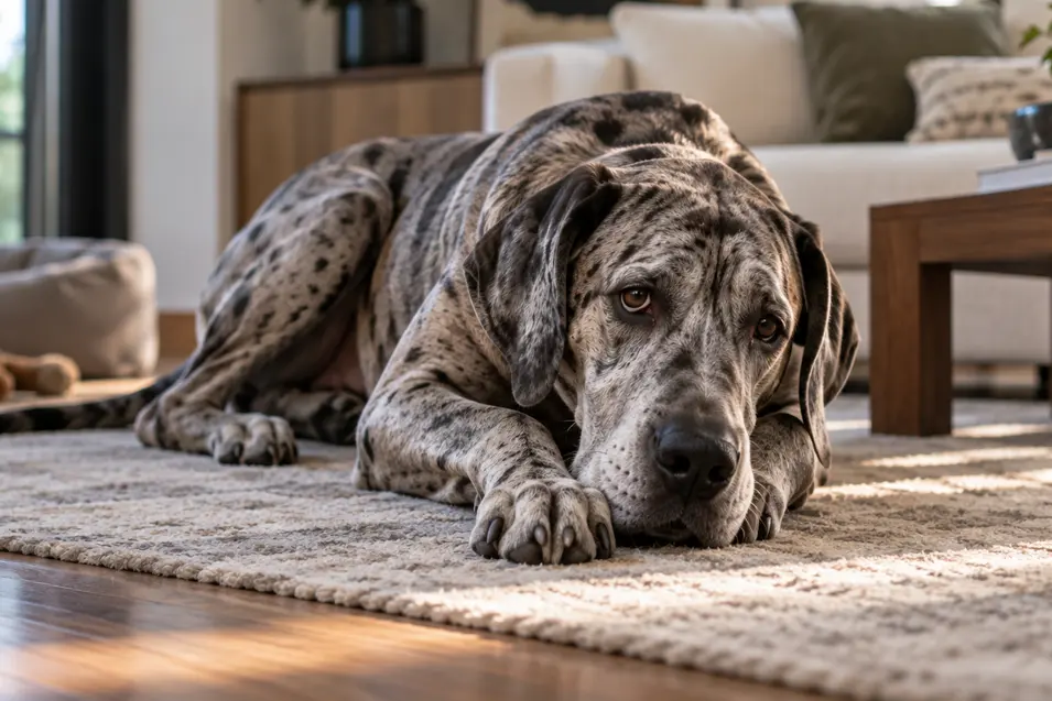 A Great Dane lies on a living room rug looking uncomfortable and lethargic, illustrating potential warning signs of bloat in dogs.