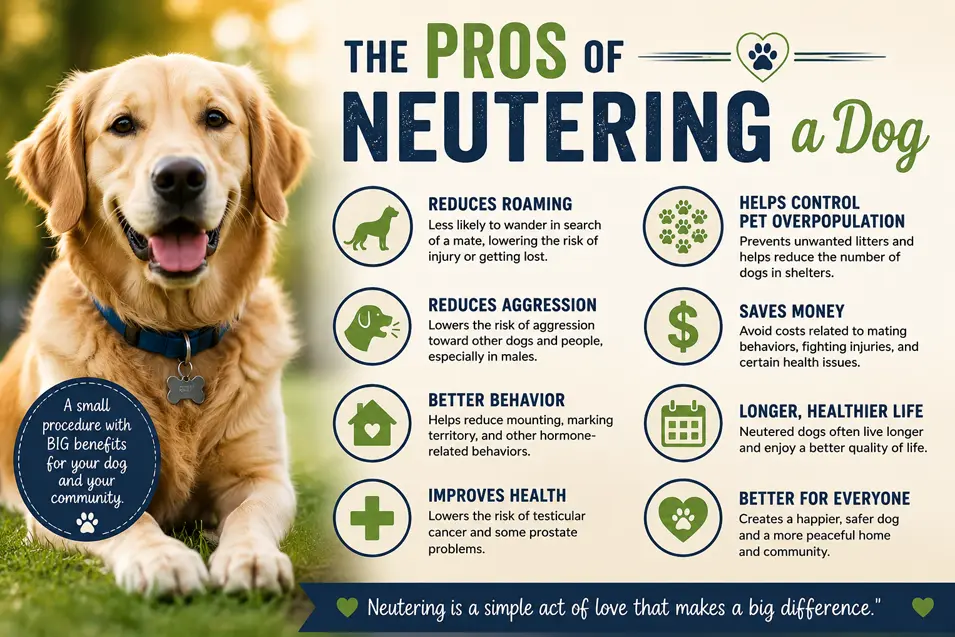 Happy Golden Retriever beside an infographic highlighting the key benefits of neutering a dog, including improved health, behavior, longevity, and reduced roaming.