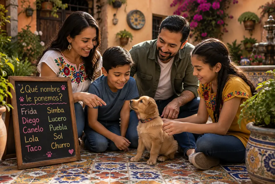 A family gathers to choose the perfect Mexican-inspired name for their new puppy in a colorful courtyard filled with warmth, tradition, and love.